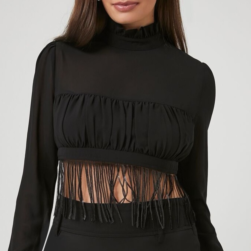 Forever 21 Fringe Mock Neck Crop Top Black